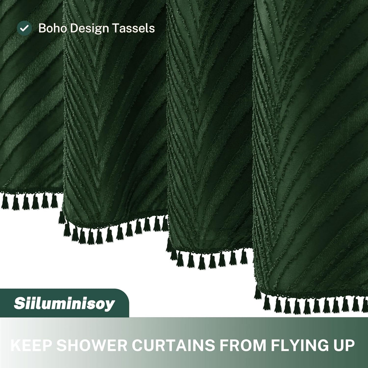 Siiluminisoy Dark Green Boho Shower Curtain Green Shower Curtain for Bathroom Fabric Tufted Chervon Textured Shower Curtains Elegant Cloth Shower Curtains Cute, 72" x72"