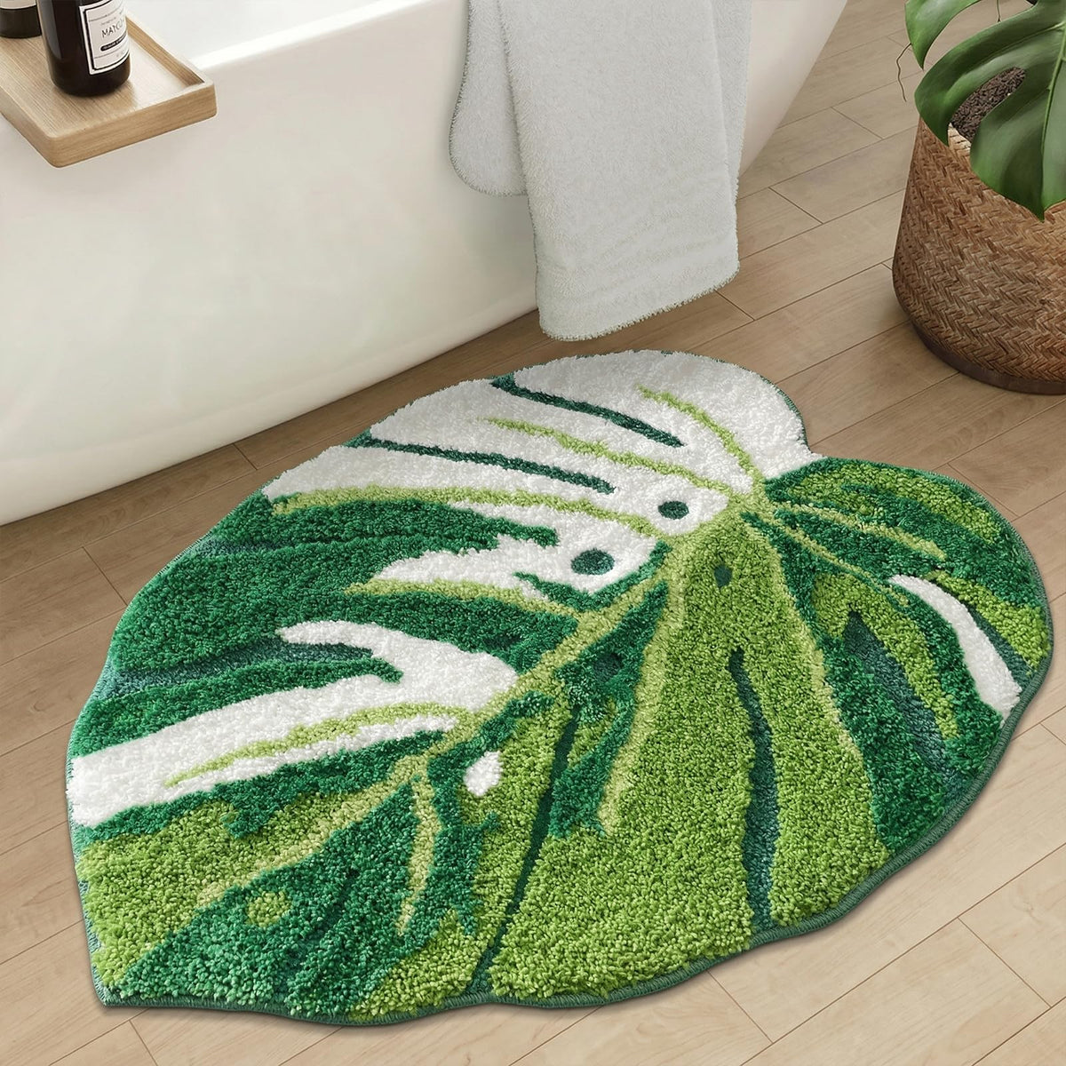 Large Monstera Bath Mat 31.5"X25",Cute Leaf Bathroom Rug,Non Slip Bath Mat