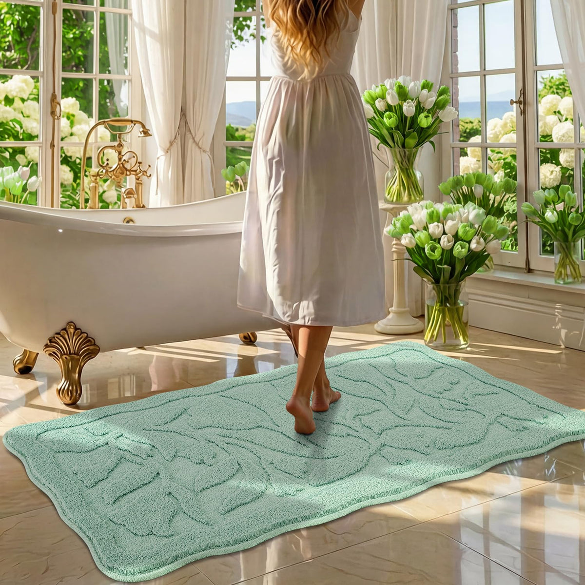 BSICPRO ‌Purple Bathroom Rugs, 24x36 Floral Bath Mats, French Rustic Style