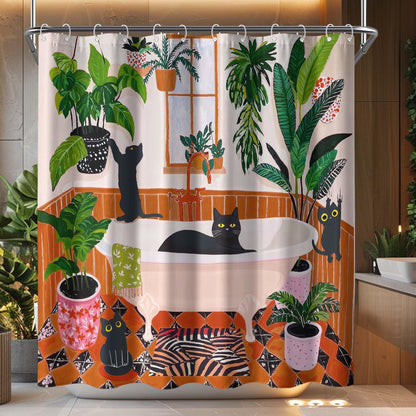 Funny Cat Shower Curtain Boho Cute Fun Black Cats Matisse Shower Curtains for Bathroom Kitten Green Tropical Plant Leaves Pink Orange Yellow Waterproof Fabric Bath Curtain Decor 72 X 72 Inches