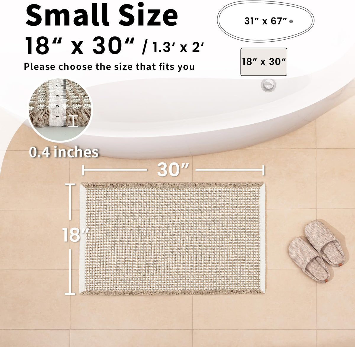 Waffle Bath Mat, Boho Bathroom Rugs Non Slip Washable, 18" x 30"