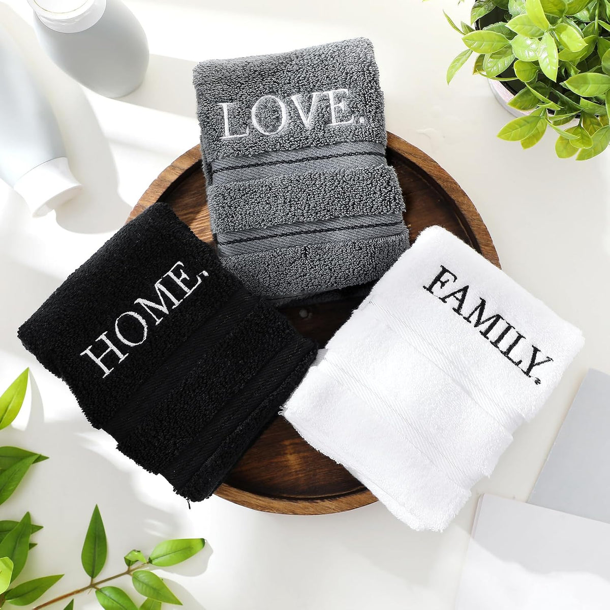 FuWeave 3 Pcs Black and White Hand Towels for Bathroom Home Love Family