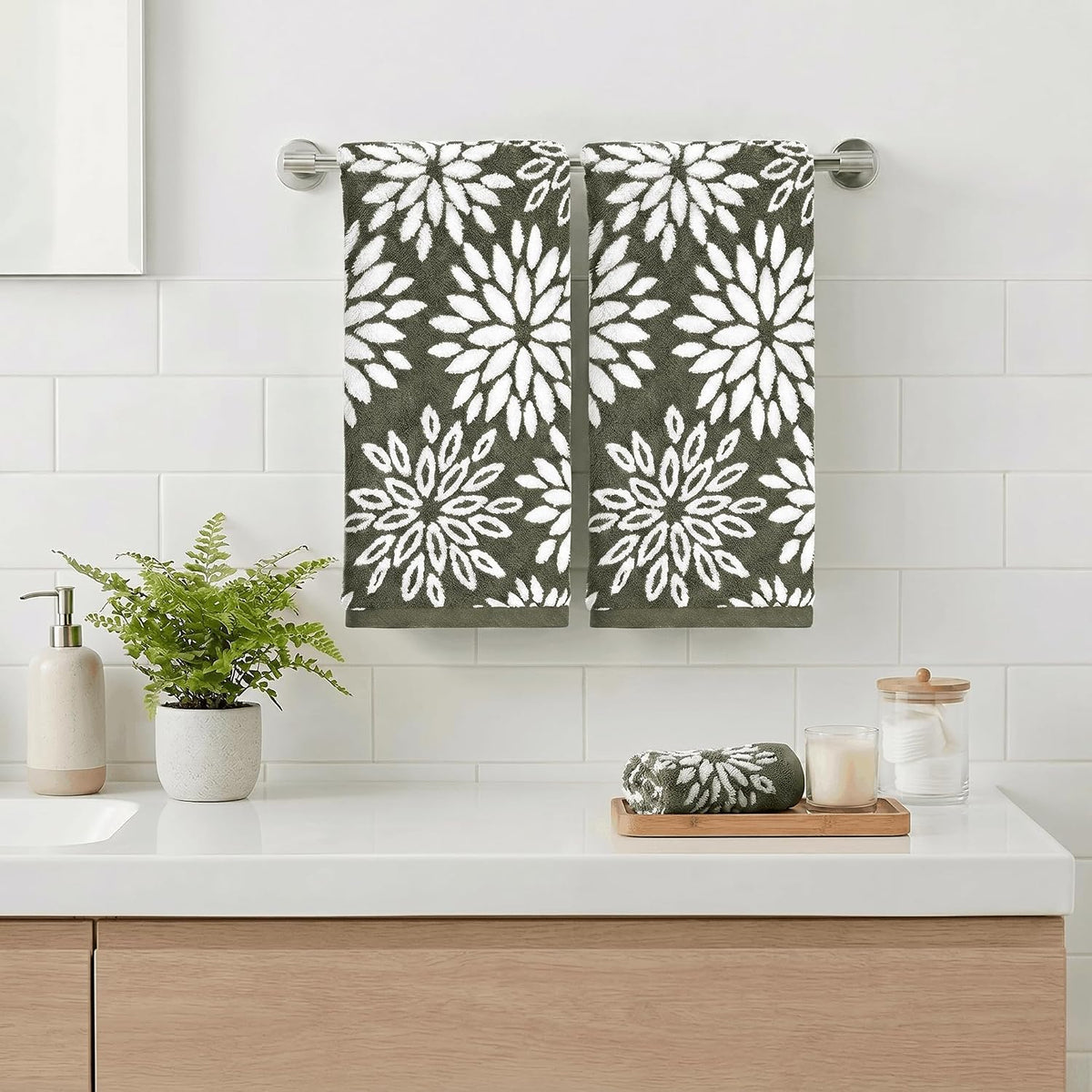 Artoid Mode 2 Pcs Beige Olive Green Dahlia Floral Jacquard Hand Towels for Bathroom, Cotton Soft Absorbent Bathroom Decor Towels, 13.7 x 29.5 Inch