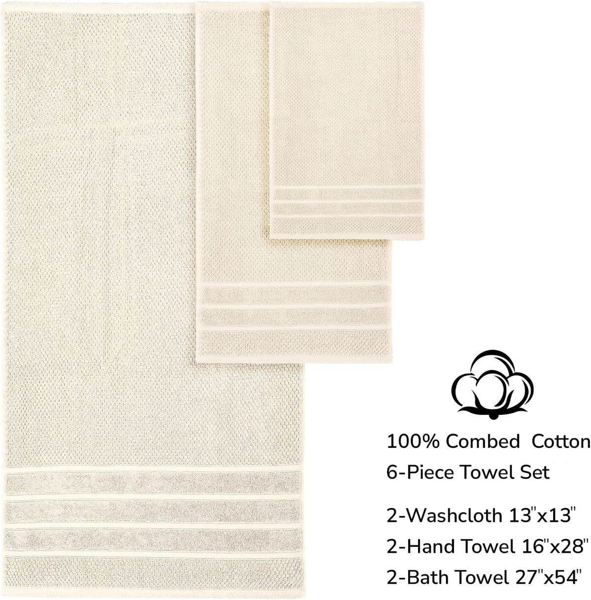Feather & Stitch 100% Cotton 625 GSM Bath Towel Set of 6, Ultra Soft Highly Absorbent 2 Bath Towels, 2 Hand Towels & 2 Washcloth - Luxury Quick Dry Shower Towels (Ivory)