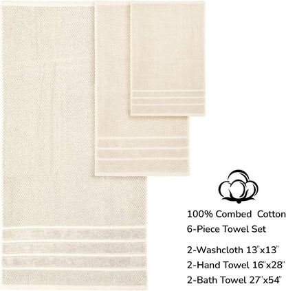 Feather & Stitch 100% Cotton 625 GSM Bath Towel Set of 6, Ultra Soft Highly Absorbent 2 Bath Towels, 2 Hand Towels & 2 Washcloth - Luxury Quick Dry Shower Towels (Ivory)