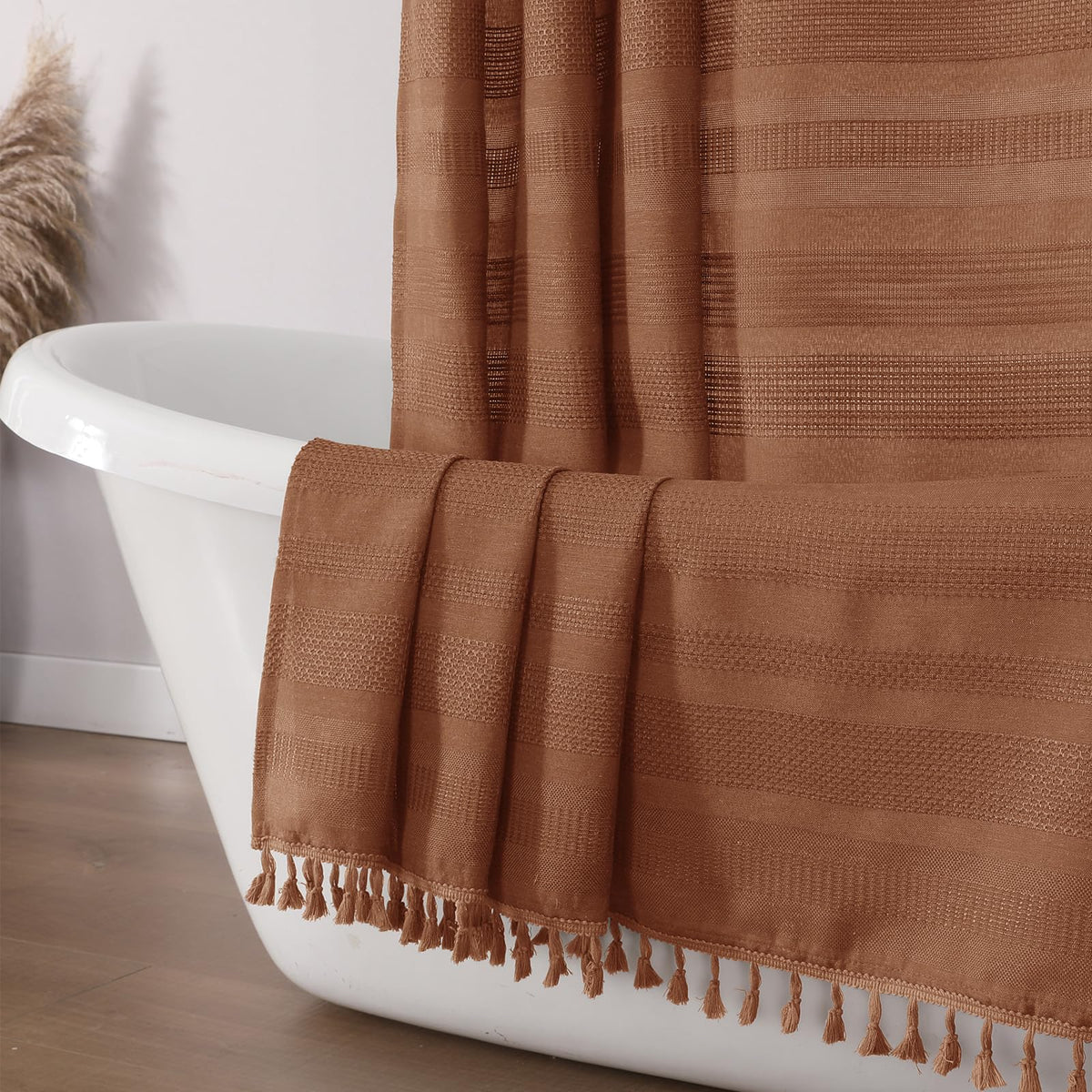 OVZME Sage Green Shower Curtain for Bathroom, Boho Linen Textured Shower Curtain with Tassel, Rustic Striped Heavy Duty Vintage Country Bathroom Curtain, 72Wx72L Inches
