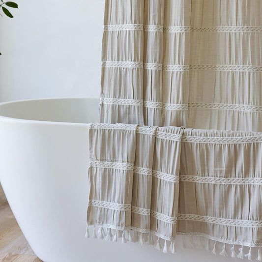 Siiluminisoy Extra Long Shower Curtain Fabric 72 x 84 Inch Shower Curtain Cream Striped Cotton Blend Thick Farmhouse Shower Curtains for Country Bathroom Decor, Beige