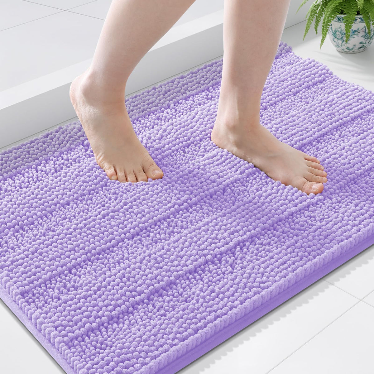 Grandaily Chenille Striped Bathroom Rugs 36x24, Extra Thick and Absorbent Bath Mats, Non-Slip Soft Plush Shaggy Shower Carpet, Machine Wash Dry, Bath Rug for Bathroom, (Large, Light Grey)
