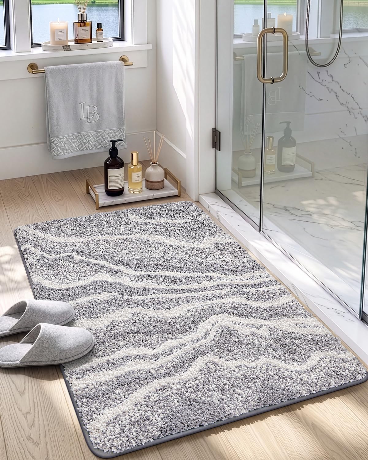 DEXI Marble Bath Mats 36x24, Bathroom Rugs Non Slip Machine Washable, Grey