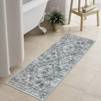 Uphome Boho Small Bath Mat, Distressed Farmhouse Light Khaki Bath Rugs, Comfy Velvet Bathroom Rugs Non Slip Washable, Vintage Oriental Toilet Rug for Sink Shower Vanity, 18x26 inch