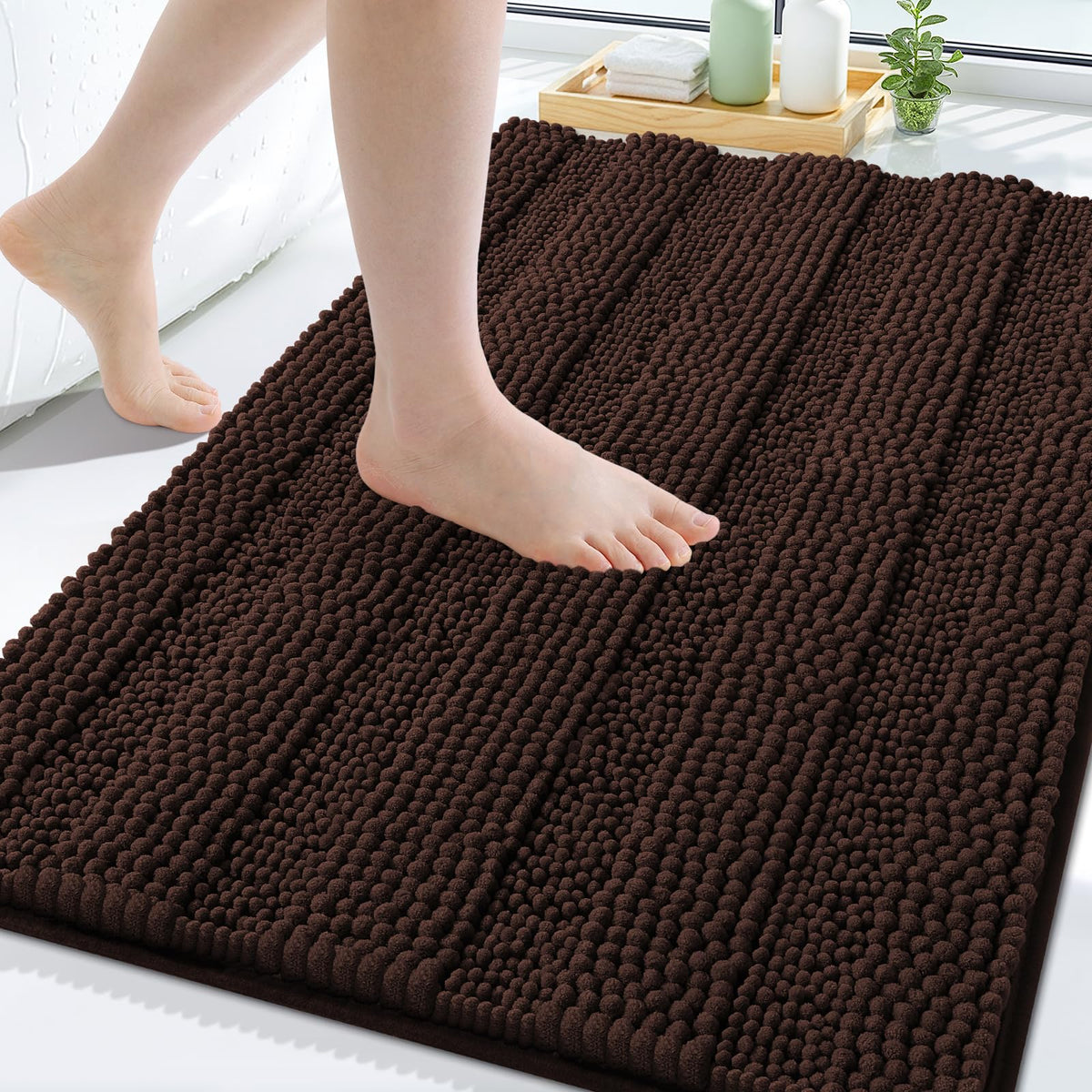 Grandaily Chenille Striped Bathroom Rugs 36x24, Extra Thick and Absorbent Bath Mats, Non-Slip Soft Plush Shaggy Shower Carpet, Machine Wash Dry, Bath Rug for Bathroom, (Large, Light Grey)