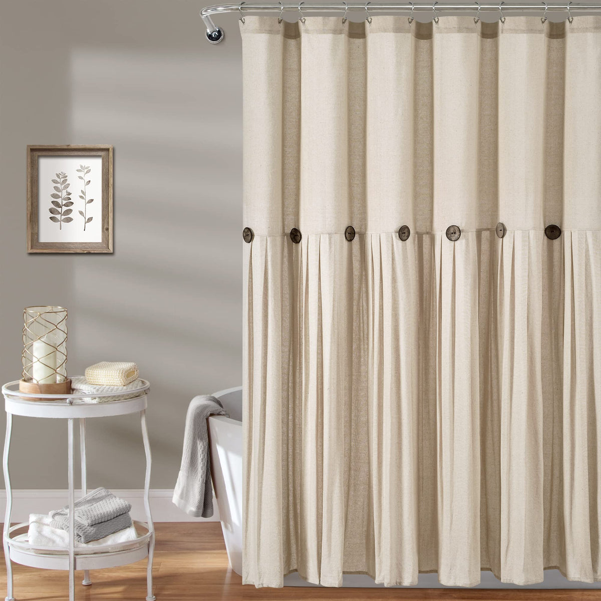 Lush Decor Linen Button Shower Curtain, 72" W x 72" L, Linen - Neural Shower Curtain Fabric - Bathroom Curtain - Farmhouse Bathroom Decor