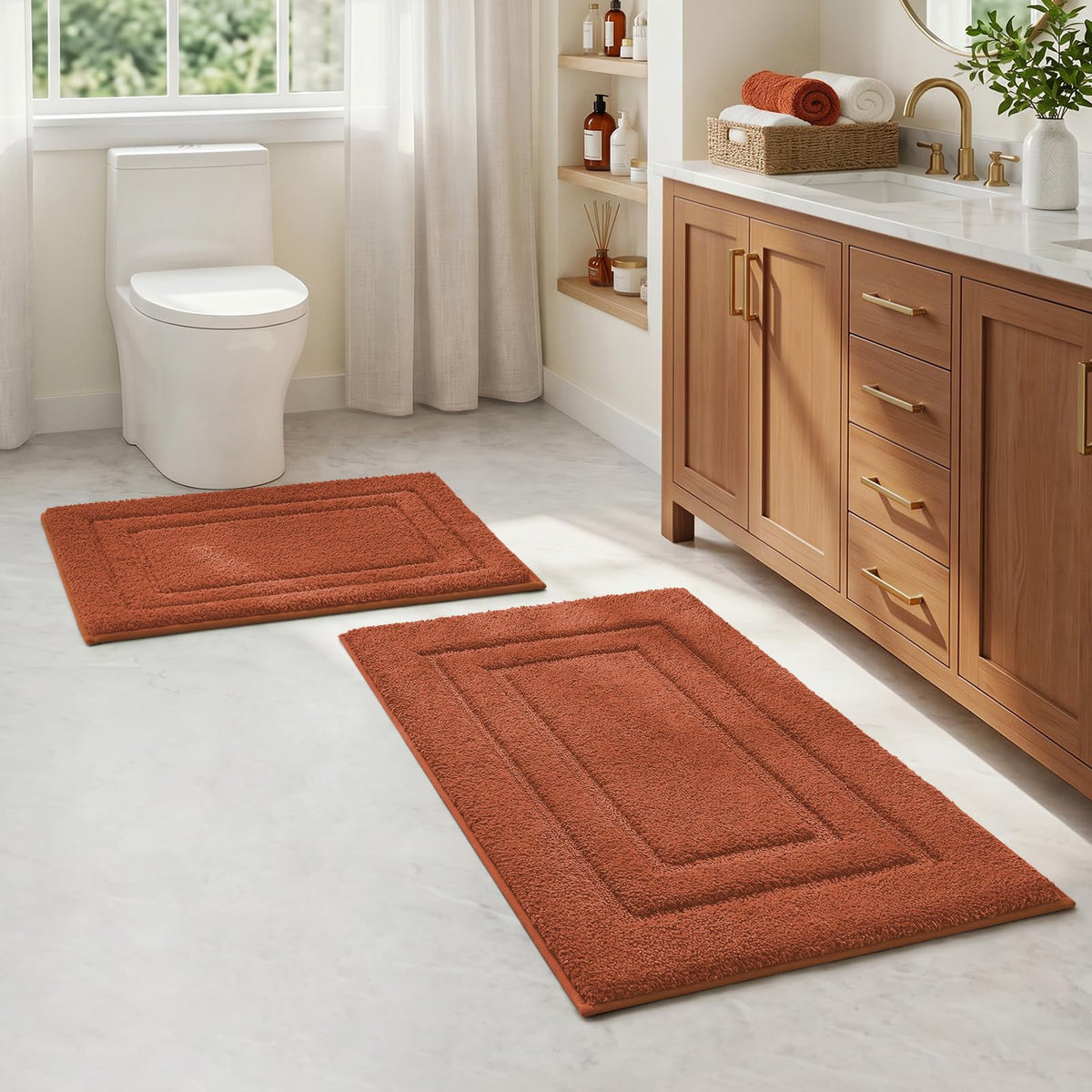 HOMEIDEAS Fall Bathroom Rugs Sets, 2 Piece Soft Bath Mat Burnt Orange