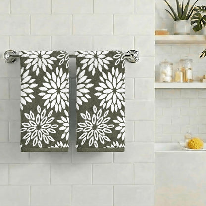 Artoid Mode 2 Pcs Beige Olive Green Dahlia Floral Jacquard Hand Towels for Bathroom, Cotton Soft Absorbent Bathroom Decor Towels, 13.7 x 29.5 Inch