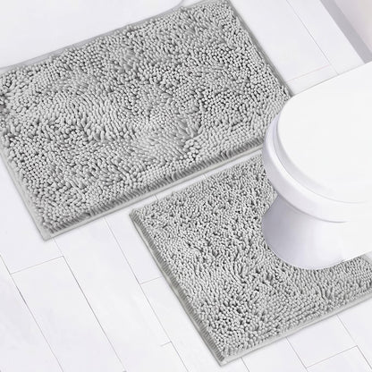 Bathroom Rugs Chenille Bath mat 2 Piece Set, Super Absorbent, Strong PVC Non Slip Backing, Bath mats for Bathroom, Plush Shaggy, Thick, Machine Washable, Bathtub, Toilet.(Light Grey)
