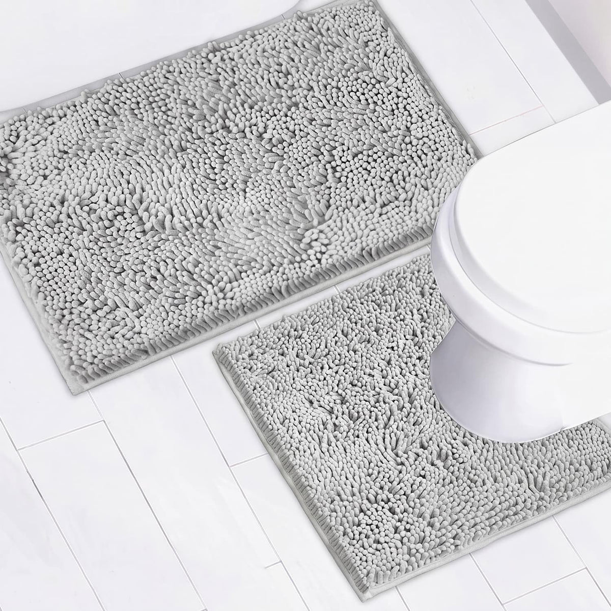 Bathroom Rugs Chenille Bath mat 2 Piece Set, Super Absorbent, Strong PVC Non Slip Backing, Bath mats for Bathroom, Plush Shaggy, Thick, Machine Washable, Bathtub, Toilet.(Light Grey)