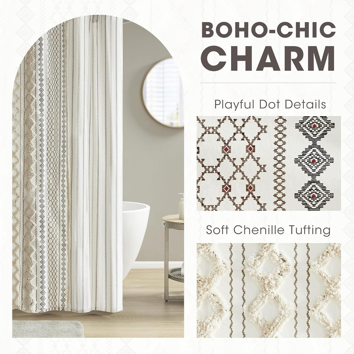 INK+IVY Imani Tufted Chenille 100% Cotton Shower Curtains Machine Washable, Modern Home Bathroom Décor Bathtub Privacy Screen, 72" x 72", Ivory