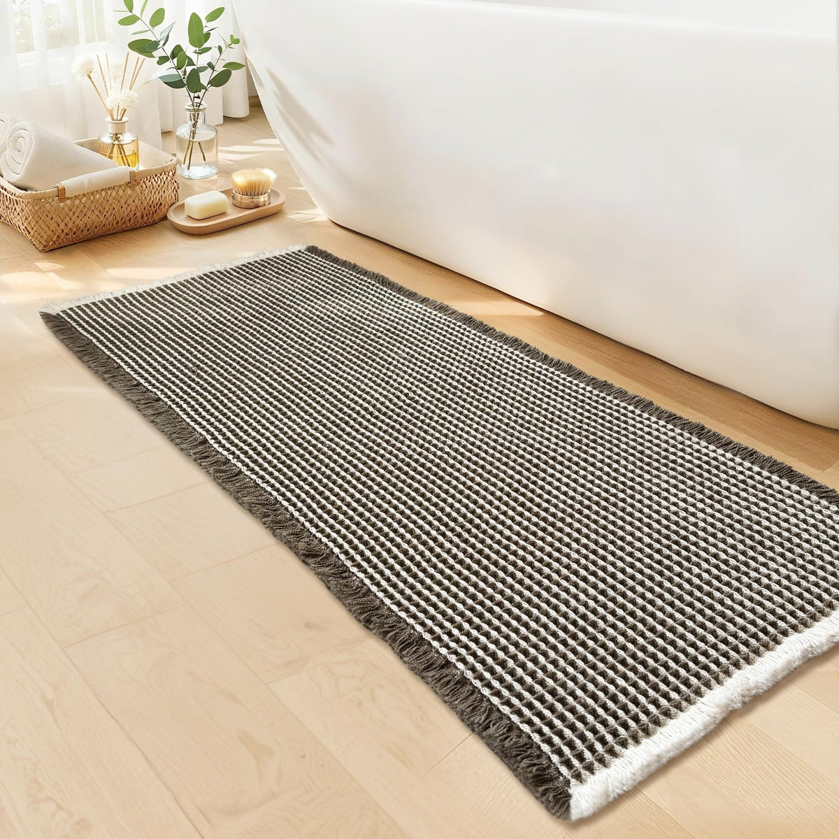 Waffle Bath Mat, Boho Bathroom Rugs Non Slip Washable, 18" x 30"