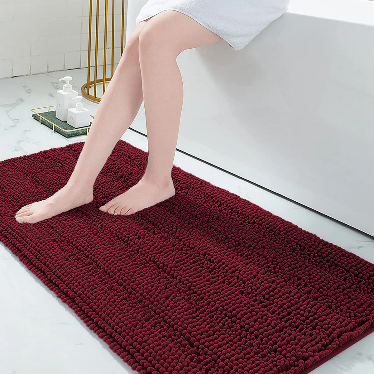 Grandaily Chenille Striped Bathroom Rugs 36x24, Extra Thick and Absorbent Bath Mats, Non-Slip Soft Plush Shaggy Shower Carpet, Machine Wash Dry, Bath Rug for Bathroom, (Large, Light Grey)