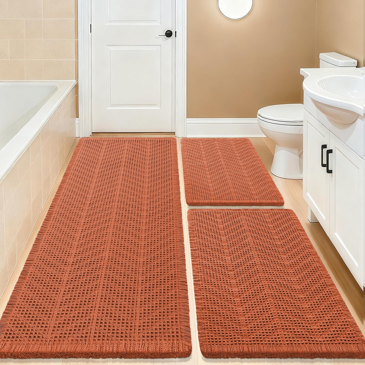 Upgrade Waffle Bath Mat Set 2 Piece, Boho Bathroom Rugs Absorbent Non Slip, Ultra Soft Bathroom Mat, Machine Washable Knit Bath Rugs with Herringbones for Bathroom, Bedroom, Kitchen, Shower, White