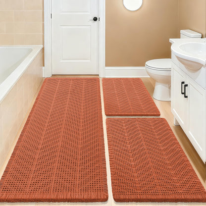 Upgrade Waffle Bath Mat Set 2 Piece, Boho Bathroom Rugs Absorbent Non Slip, Ultra Soft Bathroom Mat, Machine Washable Knit Bath Rugs with Herringbones for Bathroom, Bedroom, Kitchen, Shower, White