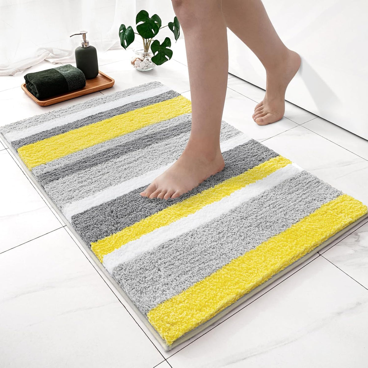 MIULEE Yellow Grey Bathroom Rug 16x24 Inch, Small Soft Thick Microfiber Striped Bath Mat, Non Slip Fluffy Plush Machine Washable Quick Dry for Bathroom Decor, Floor Tub and Shower