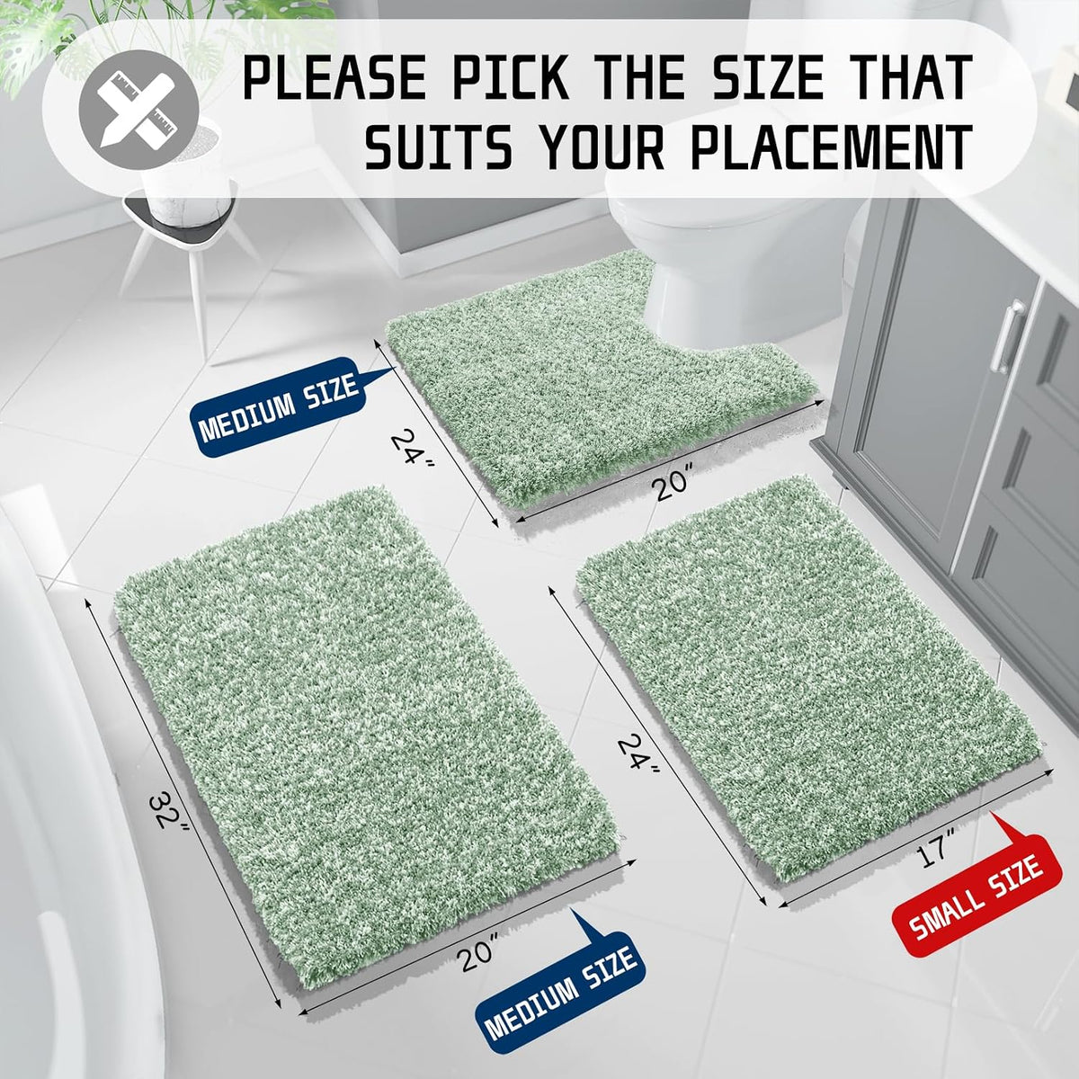 Yimobra Bathroom Rugs Sets 2 Piece, 32x20+24x17, Light Green and White