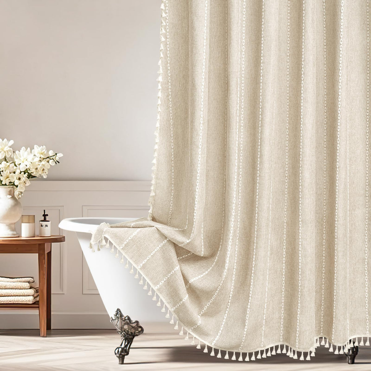 Seenus Boho Farmhouse Linen Shower Curtain with Tassels, Tan Brown Heavyweight Soft Fabric Shower Curtain Striped, 72 x 72 Inch Taupe Water Repellent Rustic Country Bathroom Curtain Wrinkle-Free