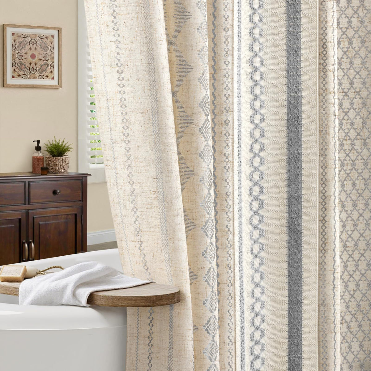 Nave Blue Boho Linen Shower Curtain,72" W x 72" L