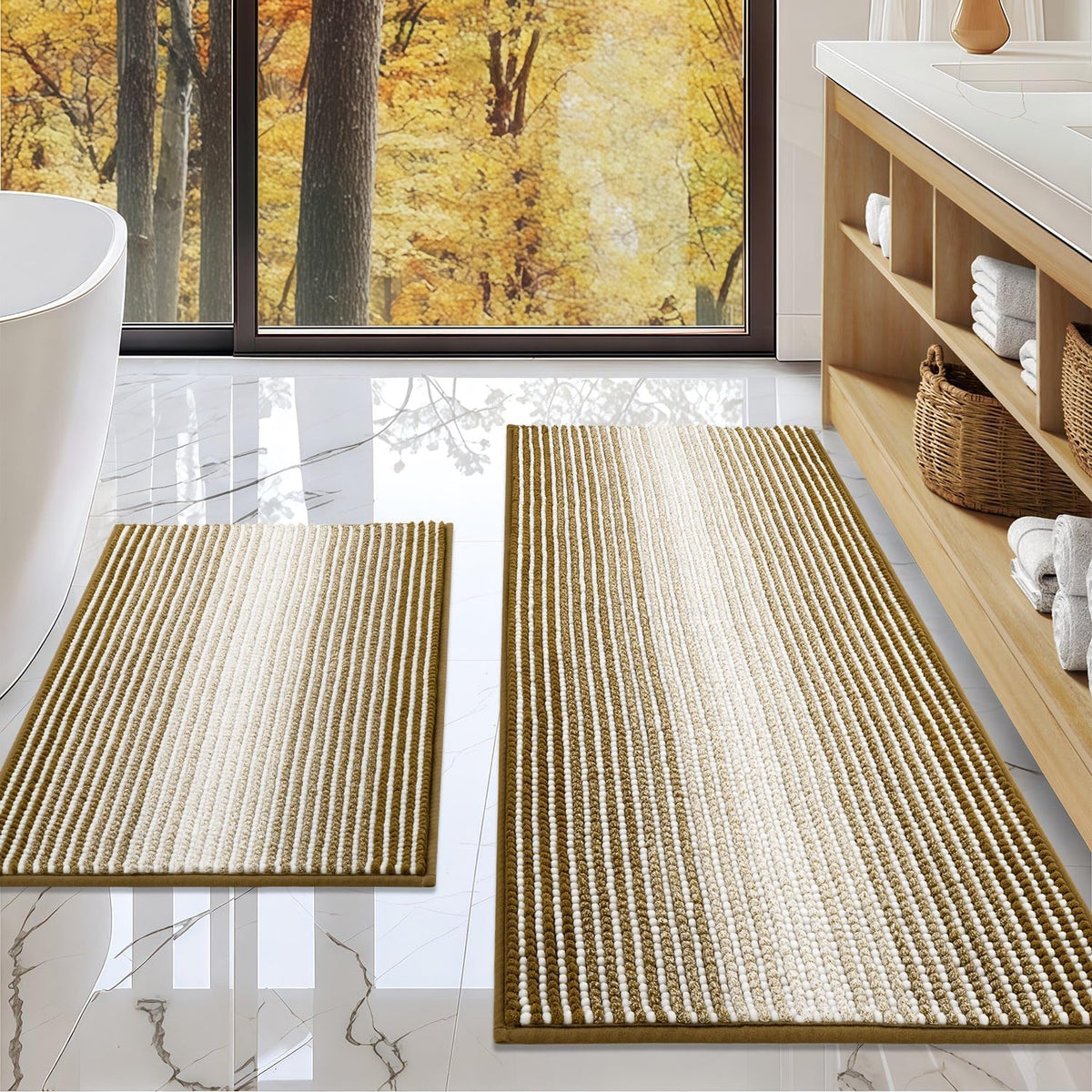 BSICPRO Bathroom Rugs Sets 2 Piece, Non Slip Striped Bath Mats, Fog Blue