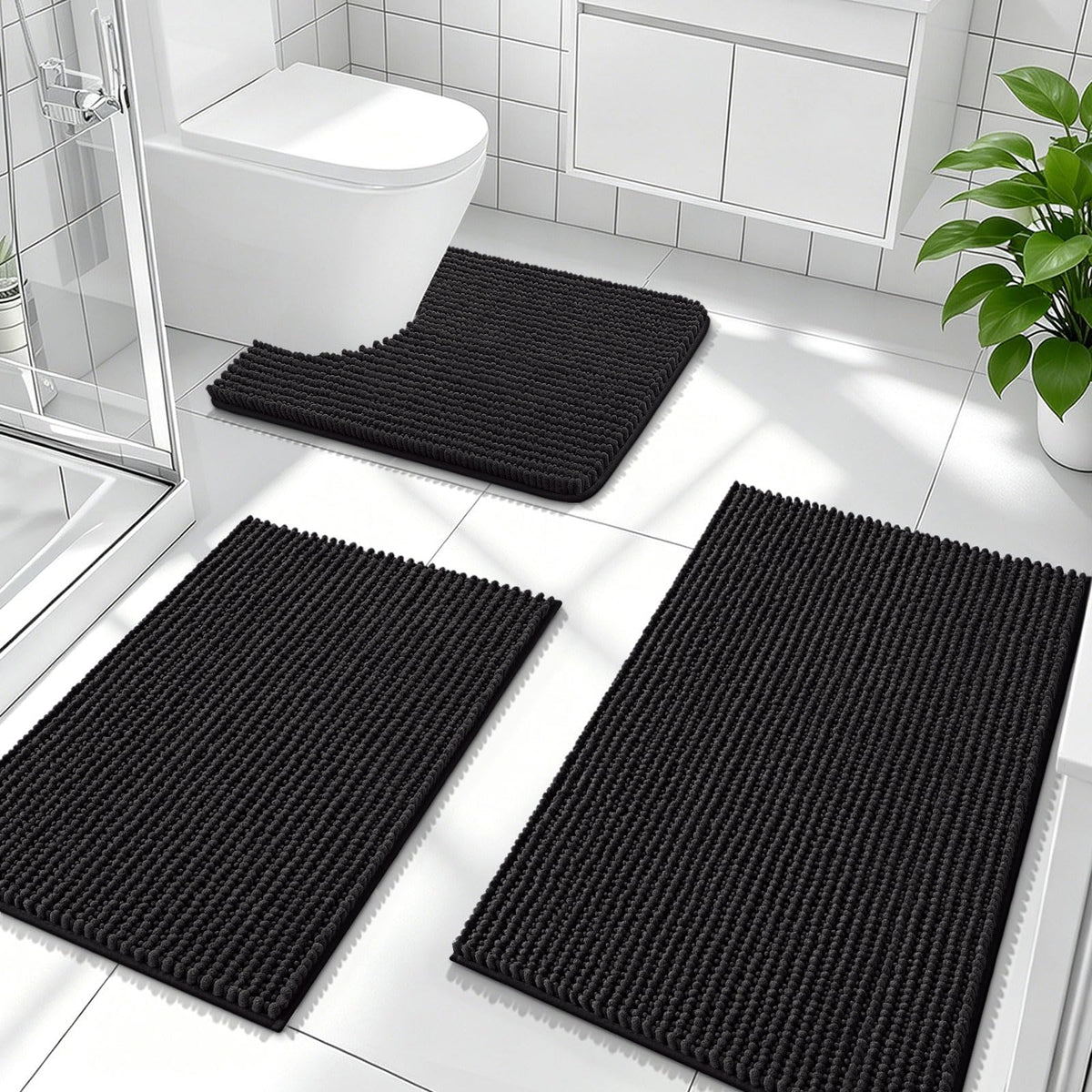 OLANLY Bathroom Rugs Sets 3 Piece, Super Soft Absorbent Chenille Bath Mats and U-Shaped Toilet Rug, Quick Dry, Home Decor, Bath Mat Set for Bathroom (24"x16"+24"x20"+30"x20", Grey)