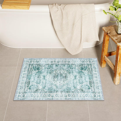 Uphome Boho Small Bath Mat, Distressed Farmhouse Light Khaki Bath Rugs, Comfy Velvet Bathroom Rugs Non Slip Washable, Vintage Oriental Toilet Rug for Sink Shower Vanity, 18x26 inch