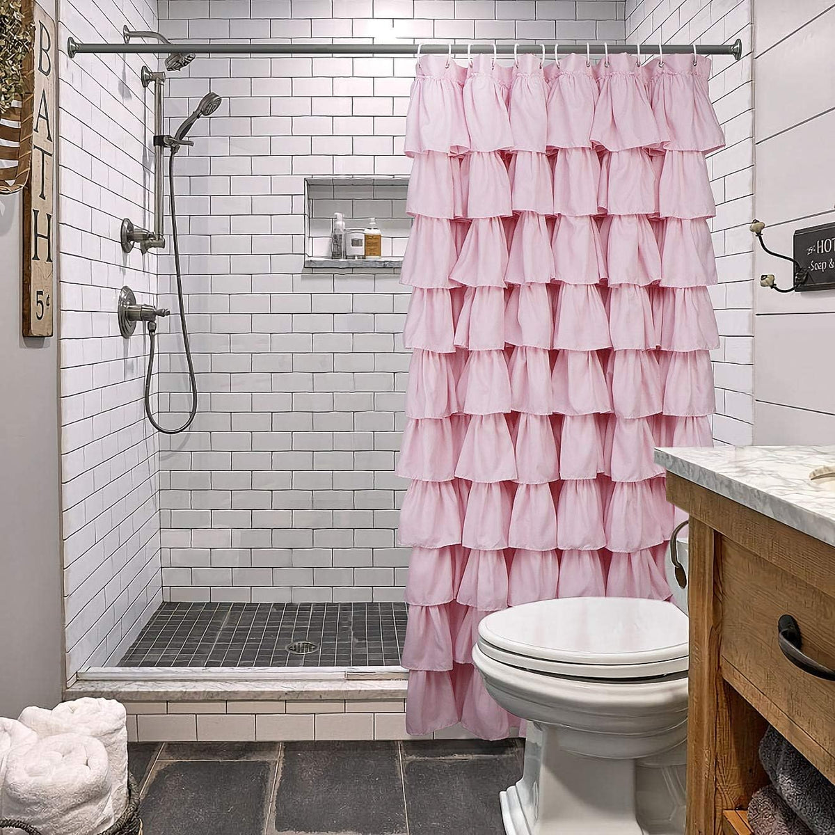 Volens Pink Ruffle Shower Curtain Farmhouse Rustic Fabric Cloth Shower Curtains for Bathroom, 72" x 72"