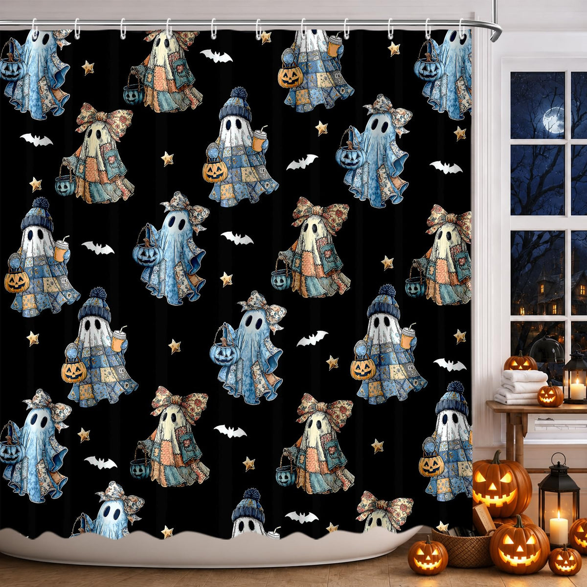 MEHOFOND Halloween Evil Pumpkin Shower Curtain Moon Night Bath Curtain