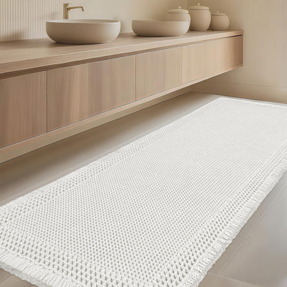 Upgrade Waffle Bath Mat Set 2 Piece, Boho Bathroom Rugs Absorbent Non Slip, Ultra Soft Bathroom Mat, Machine Washable Knit Bath Rugs with Herringbones for Bathroom, Bedroom, Kitchen, Shower, White