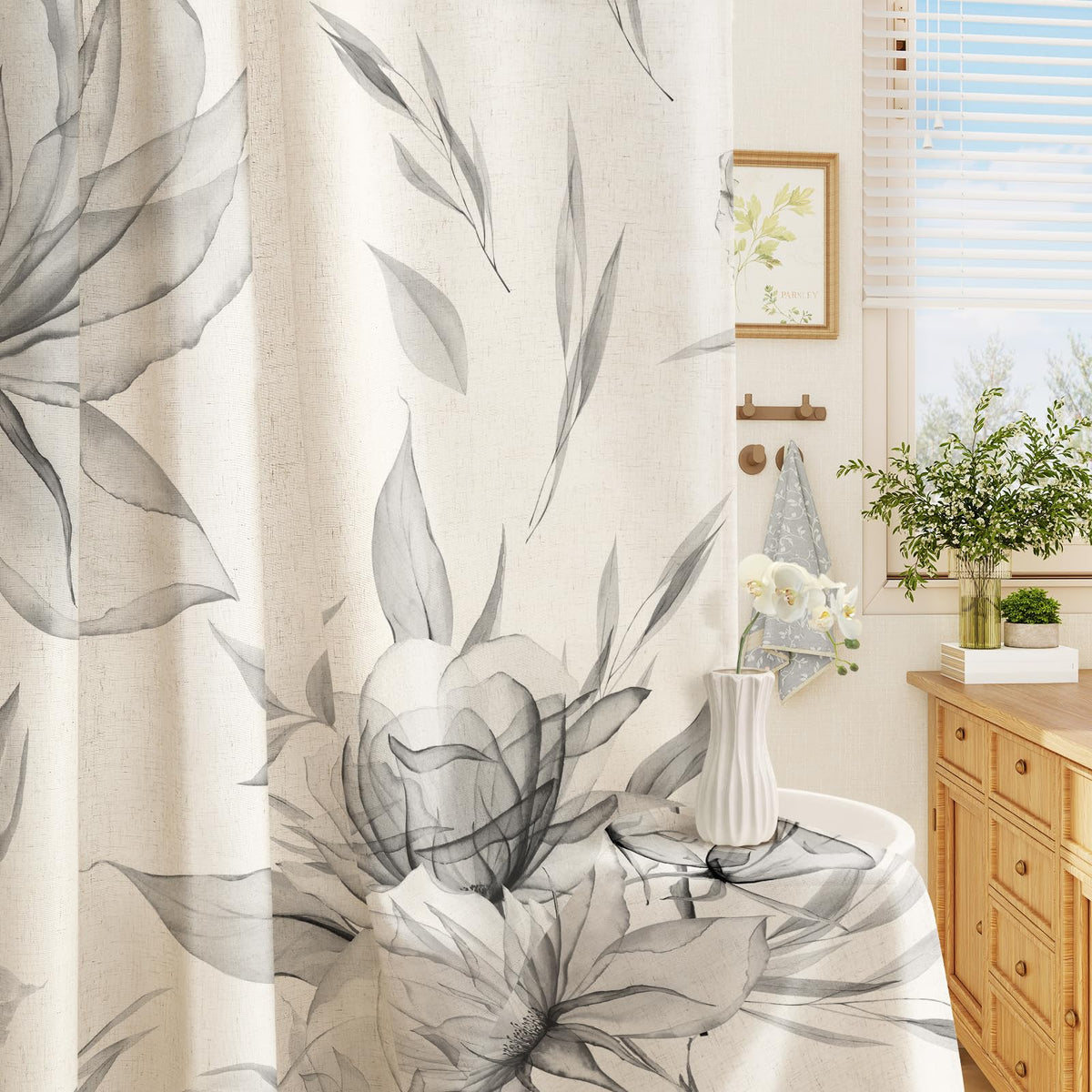 Blue Boho Floral Shower Curtain, Watercolor Botanical Design, 72 x 72