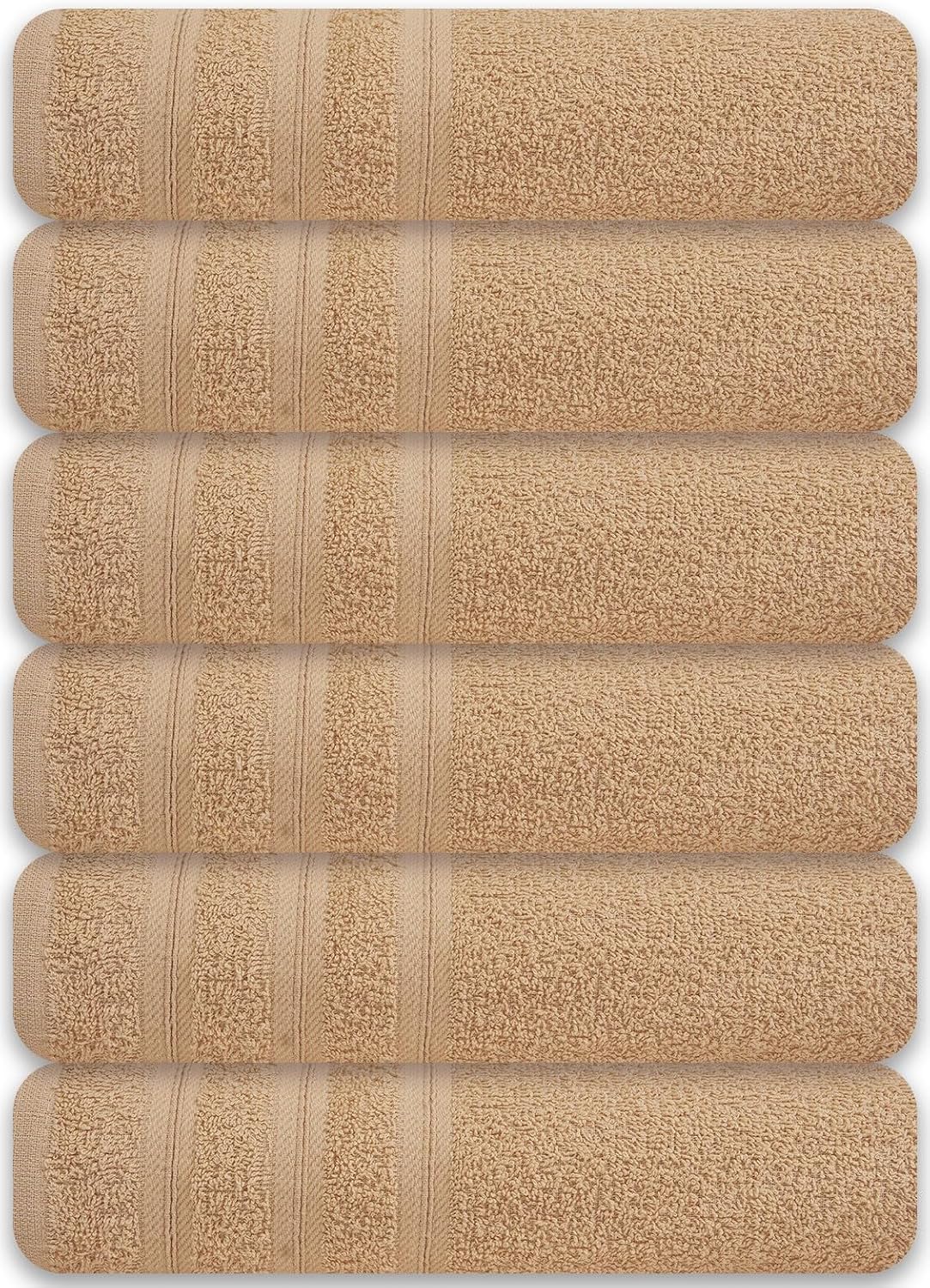 Large Bath Towels Set of 6 – 24" x 50" – 100% Cotton Terry – Durable, Soft & Quick Dry – Beige Multipurpose Towels for Bathroom, Gym, Spa, Pool & Daily Use