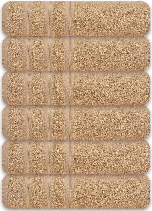 Large Bath Towels Set of 6 – 24" x 50" – 100% Cotton Terry – Durable, Soft & Quick Dry – Beige Multipurpose Towels for Bathroom, Gym, Spa, Pool & Daily Use