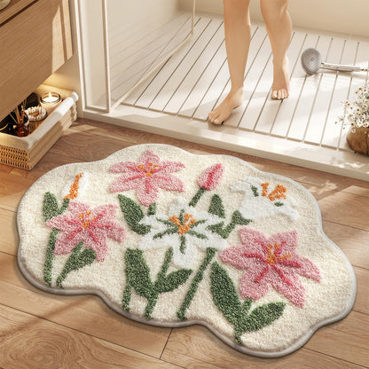 Cloud-Shaped Lily Bath Mat, Soft Non-Slip Fluffy Fresh Flowers Bathroom Rug, Ultra Absorbent Microfiber Shaggy Door Mat, Machine Washable Bath Rug Carpet for Bathtub Bedroom 20x31 Inch (White)