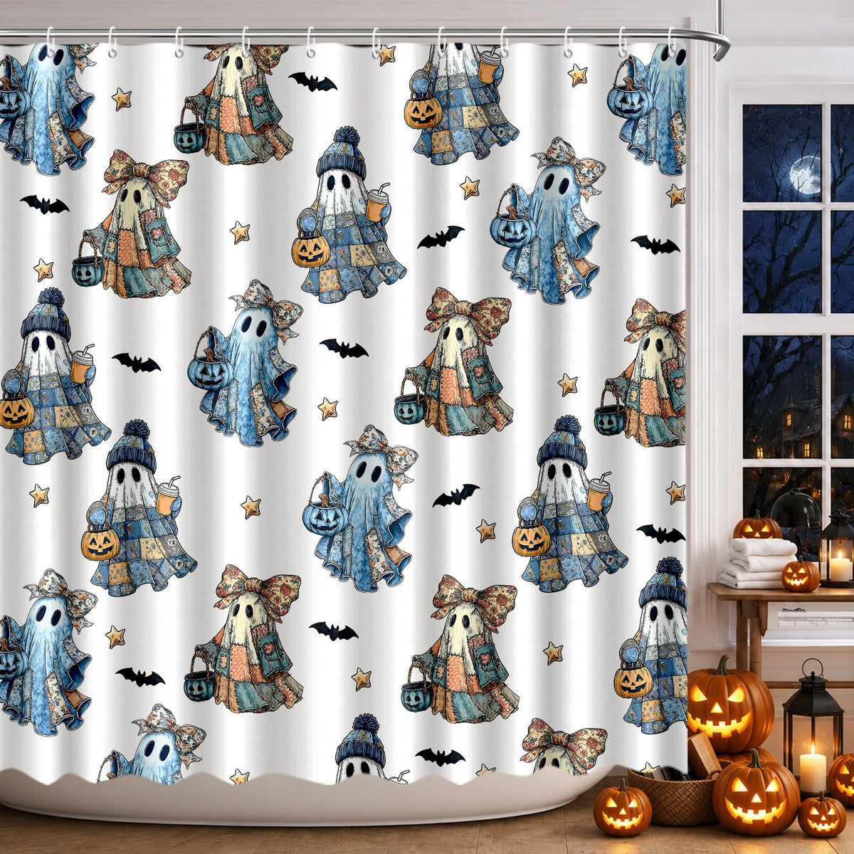 MEHOFOND Halloween Evil Pumpkin Shower Curtain Moon Night Bath Curtain