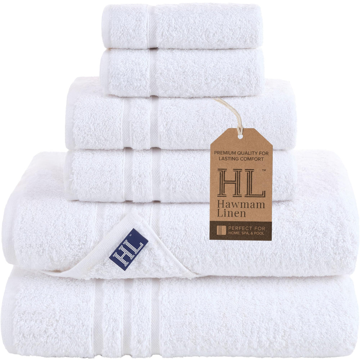 Hawmam Linen Cream 6 Piece Bath Towels Set for Bathroom Original Turkish Cotton Soft, Absorbent and Premium 2 Bath Towels, 2 Hand Towels, 2 Washcloths (Sea Salt)
