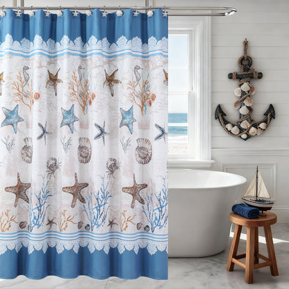 Coastal Seashell Fabric Shower Curtain, Under The Sea Beach Ocean Theme Shower Curtain with Starfish & Coral, Waterproof Blue Nautical Decorative Bathroom Curtains, 72" W x 72" H