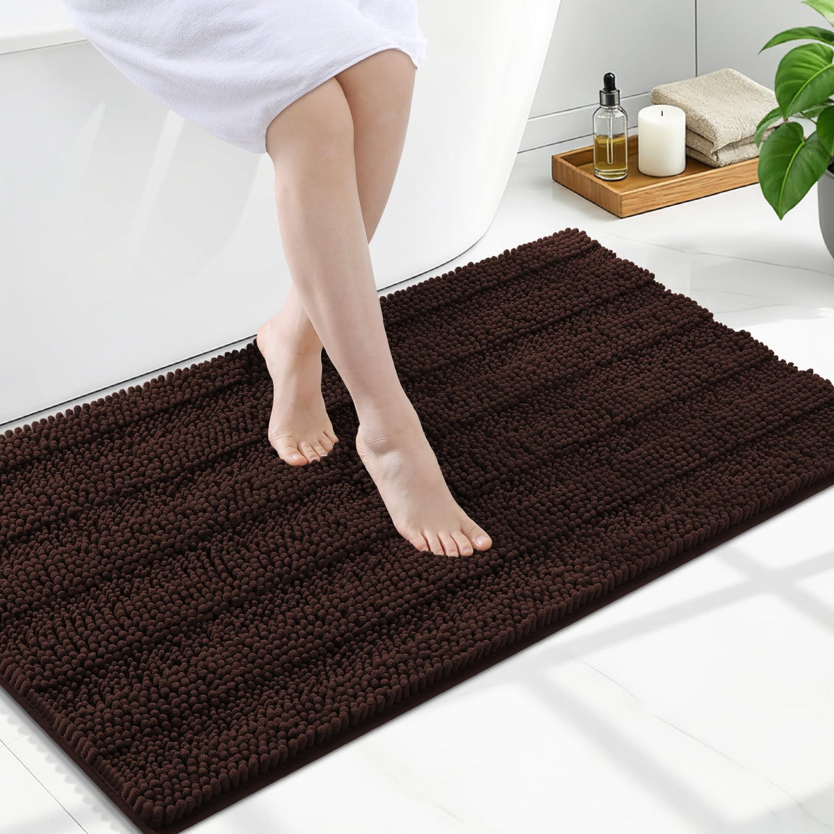 Grandaily Chenille Striped Bathroom Rugs 36x24, Extra Thick and Absorbent Bath Mats, Non-Slip Soft Plush Shaggy Shower Carpet, Machine Wash Dry, Bath Rug for Bathroom, (Large, Light Grey)