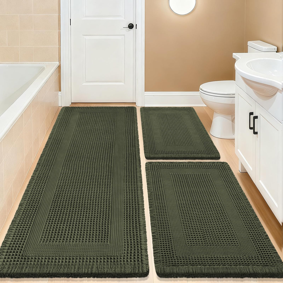 Upgrade Waffle Bath Mat Set 2 Piece, Boho Bathroom Rugs Absorbent Non Slip, Ultra Soft Bathroom Mat, Machine Washable Knit Bath Rugs with Herringbones for Bathroom, Bedroom, Kitchen, Shower, White