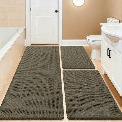 Upgrade Waffle Bath Mat Set 2 Piece, Boho Bathroom Rugs Absorbent Non Slip, Ultra Soft Bathroom Mat, Machine Washable Knit Bath Rugs with Herringbones for Bathroom, Bedroom, Kitchen, Shower, White