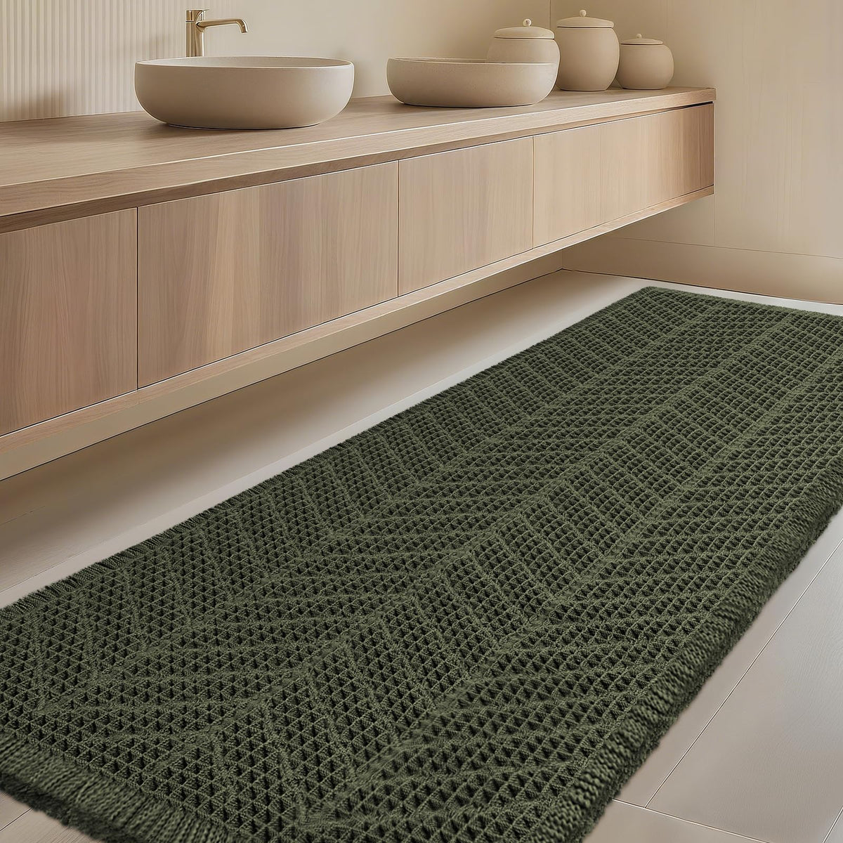 Upgrade Waffle Bath Mat Set 2 Piece, Boho Bathroom Rugs Absorbent Non Slip, Ultra Soft Bathroom Mat, Machine Washable Knit Bath Rugs with Herringbones for Bathroom, Bedroom, Kitchen, Shower, White