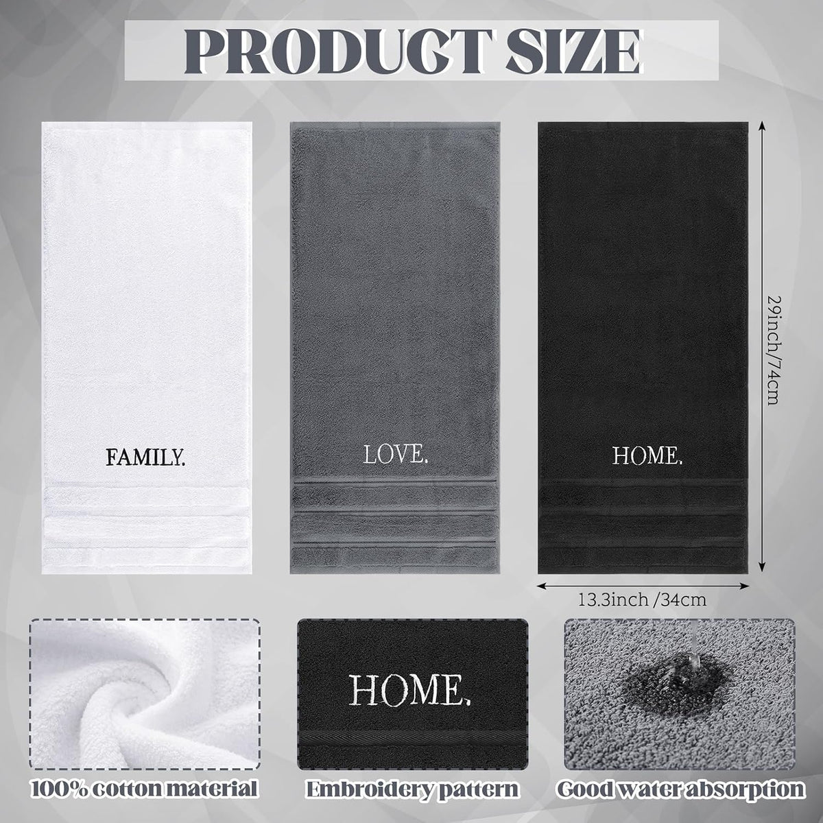 FuWeave 3 Pcs Black and White Hand Towels for Bathroom Home Love Family
