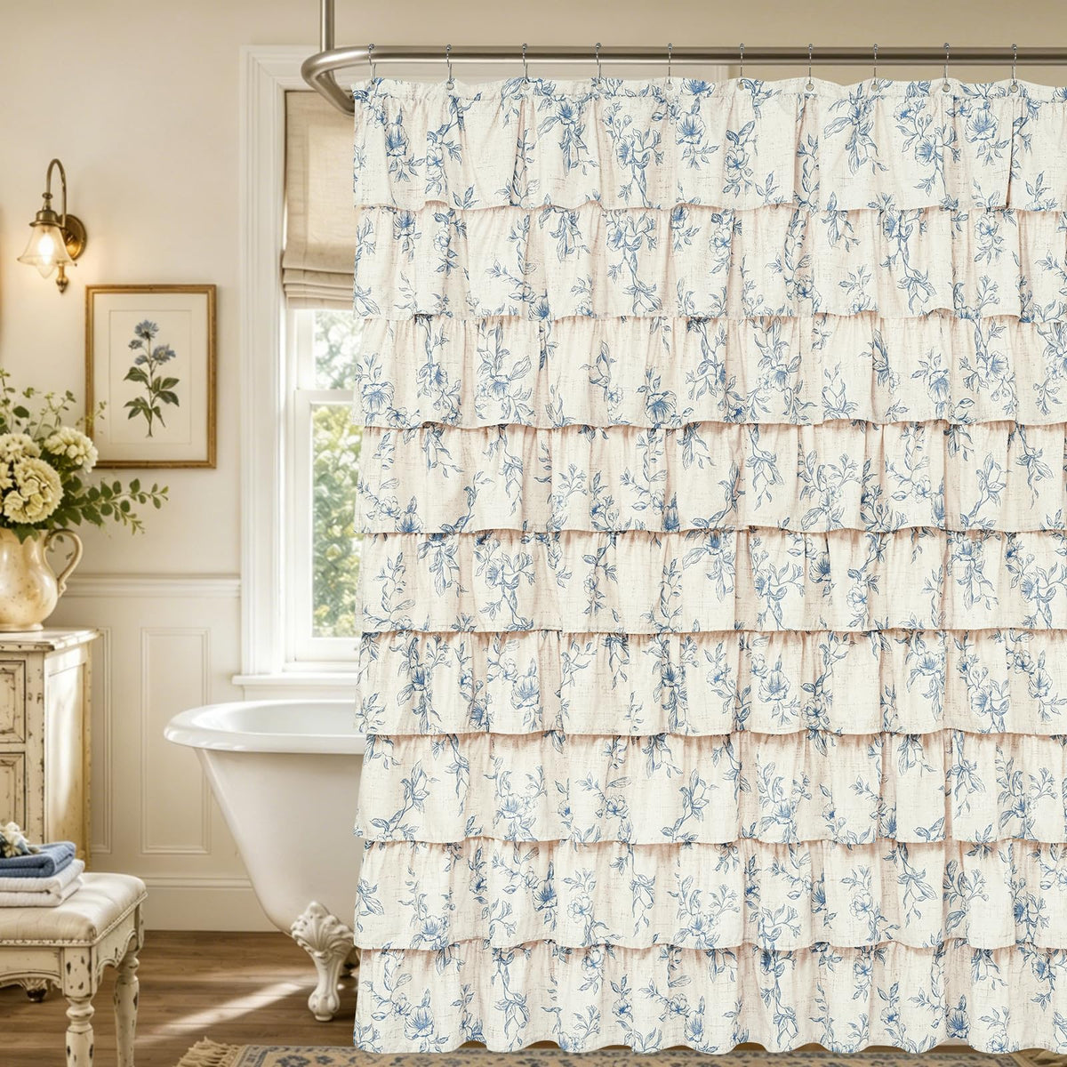 Farmhouse Floral Shower Curtain, Ruffle Bathroom Curtains, 72"Wx72"L