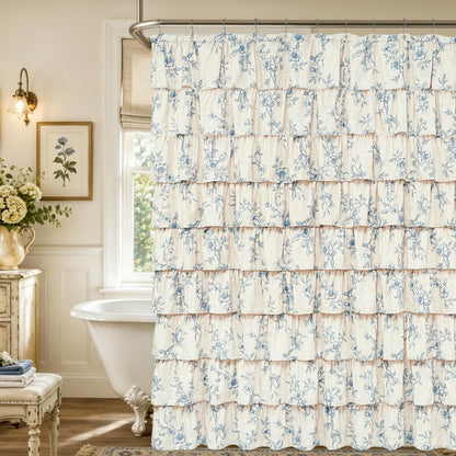 Farmhouse Floral Shower Curtain, Ruffle Bathroom Curtains, 72"Wx72"L