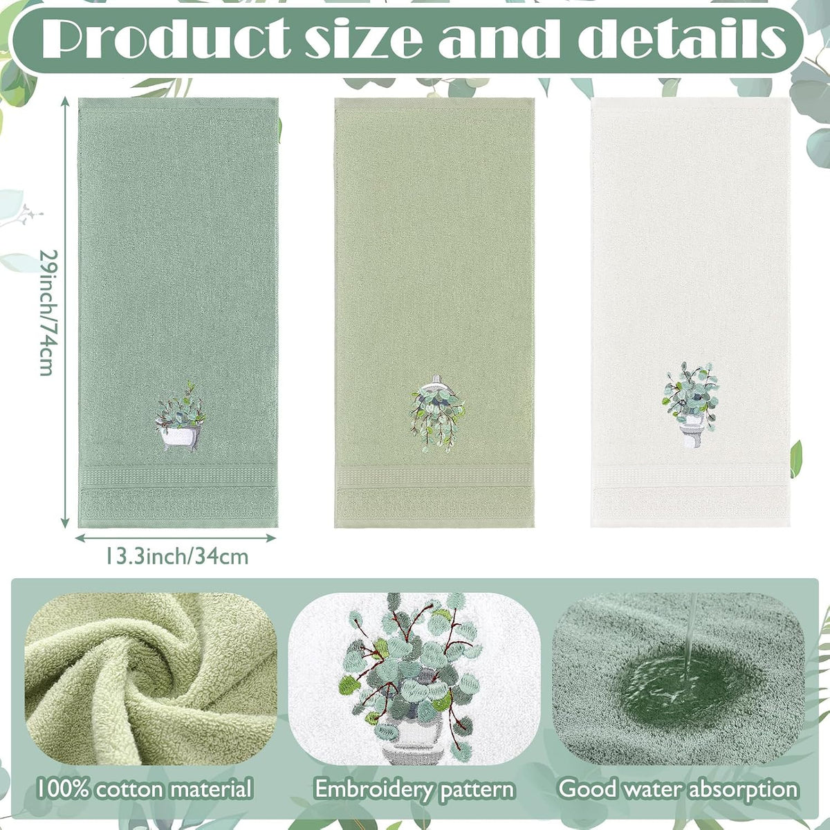 FuWeave 3 Pcs Eucalyptus Leaves Hand Towels for Bathroom Kitchen Decor